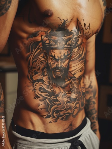 Man With Warrior Tattoo on Stomach