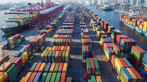 Business Supply Chain shipping containers  High-angle shot of a container port filled with rows of vibrant containers © Anan