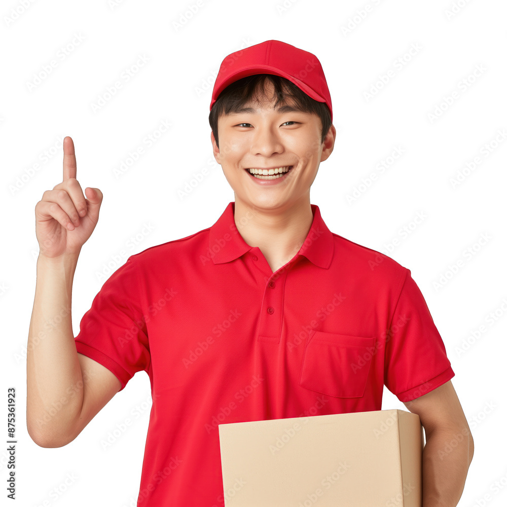 Delivery person with a pointing finger isolated on a transparent background. Delivery person with a pointing finger isolated on a transparent background.