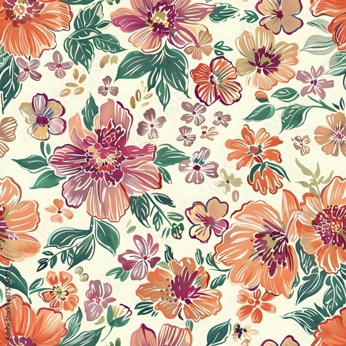 Seamless Pattern with Unique Hand-Painted Flowers and Leaves