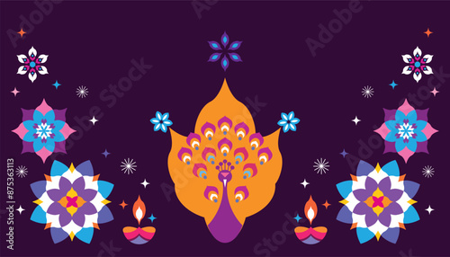 Traditional Indian festival Diwali. Happy Festival of lights Deepavali Template  banner, poster, greeting card Festive Burning diya graphic design background Vector abstract flat illustration