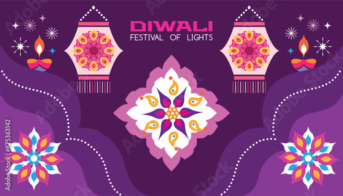 Traditional Indian festival Diwali. Happy Festival of lights Deepavali Template  banner, poster, greeting card Festive Burning diya graphic design background Vector abstract flat illustration
