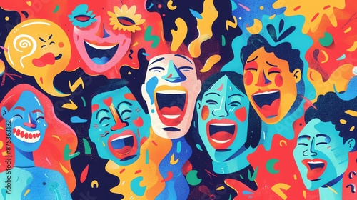 Create an illustration of people laughing and enjoying various jokes, with icons of comedy masks and laughter bubbles photo