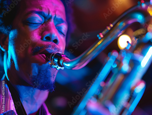 Close-up of man playing saxophone, jazz melodies against gradient pink-blue background vibrant lighting. Concept of blues, classy instrumental music, festivals and concerts.  photo