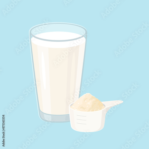 Protein shake in glass and powder in spoon. Sport supplement. Vector cartoon flat illustration