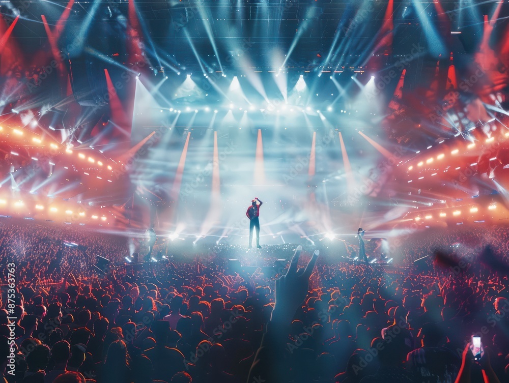 Obraz premium Singer performs a musical concert on stage in a huge packed stadium hall. Epic lights and flashlights