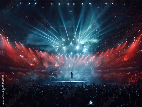 Singer performs a musical concert on stage in a huge packed stadium hall. Epic lights and flashlights photo