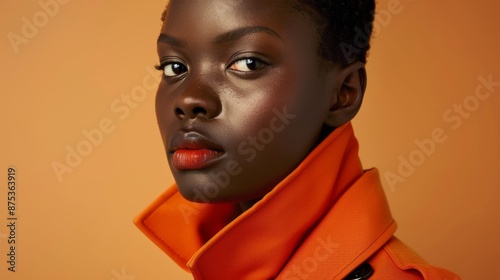 Portrait of a Confident Individual Multiracial Woman in Vibrant Orange Coat - Fashion Design for Posters and Print. Generative ai