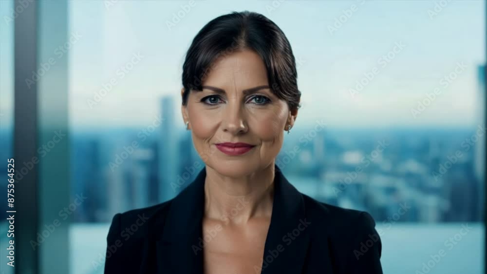 Confident senior businesswoman looking at camera with modern office Confident senior businesswoman looking at camera with modern office
