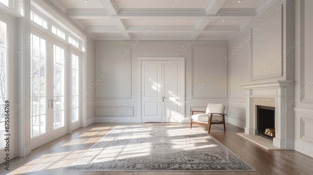 A large, empty living room with a fireplace and a chair. Generate AI image A large, empty living room with a fireplace and a chair. Generate AI image