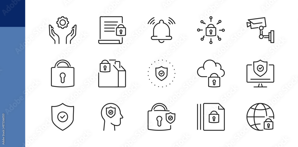 Security and protection line icons set. Shield, lock, password, camera sign, symbol. Isolated on a white png background. Pixel perfect. Editable stroke. 64x64. Security and protection line icons set. Shield, lock, password, camera sign, symbol. Isolated on a white png background. Pixel perfect. Editable stroke. 64x64.