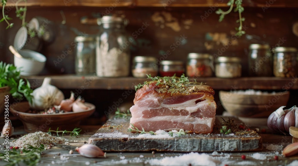 Rustic kitchen scene with a piece of seasoned pork belly on a wooden board, surrounded by herbs, spices, and garlic. Rustic kitchen scene with a piece of seasoned pork belly on a wooden board, surrounded by herbs, spices, and garlic.