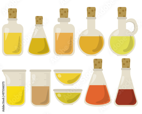 Set of various glassware with multi-colored liquids or vegetable oils, measuring and other glassware with and without stoppers