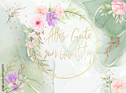 Karte oder Banner, um alles Gute zum Geburtstag zu wünschen, in einem goldfarbenen Kreis mit rosa und lila Blumen und Blattwerk auf einem grün-weißen Ecru-Hintergrund