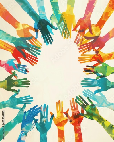 Create a realistic image featuring people volunteering and helping each other, with icons of peace and equality photo