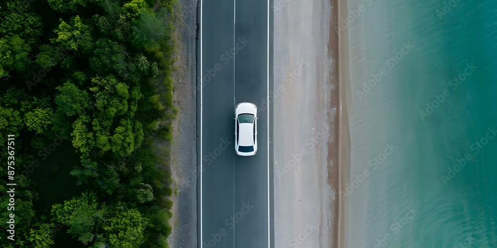 Electric Car Driving Along Coastal Road Near Beach From An Aerial Perspective. Concept Aerial Photography, Electric Cars, Coastal Views, Beach Surroundings, Sustainable Transportation Electric Car Driving Along Coastal Road Near Beach From An Aerial Perspective. Concept Aerial Photography, Electric Cars, Coastal Views, Beach Surroundings, Sustainable Transportation