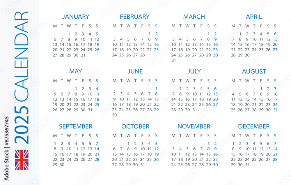 Calendar 2025 Horizontal - illustration. British version. Week starts on Monday Calendar 2025 Horizontal - illustration. British version. Week starts on Monday