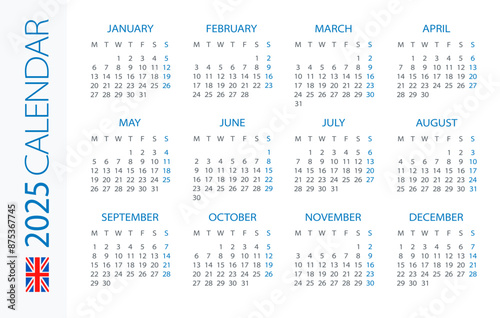 Calendar 2025 Horizontal - illustration. British version. Week starts on Monday