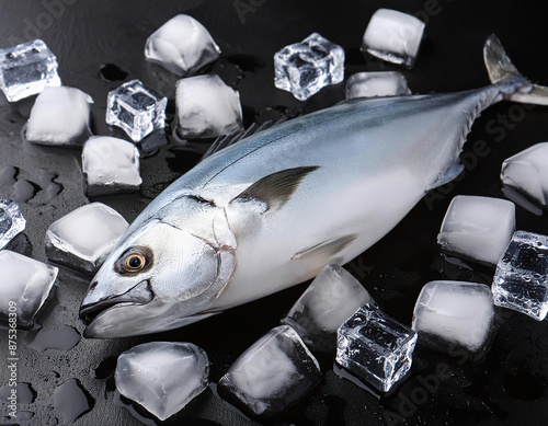 A raw tuna fish laid out on a black table, surrounded by glistening ice cubes to maintain its freshness. photo