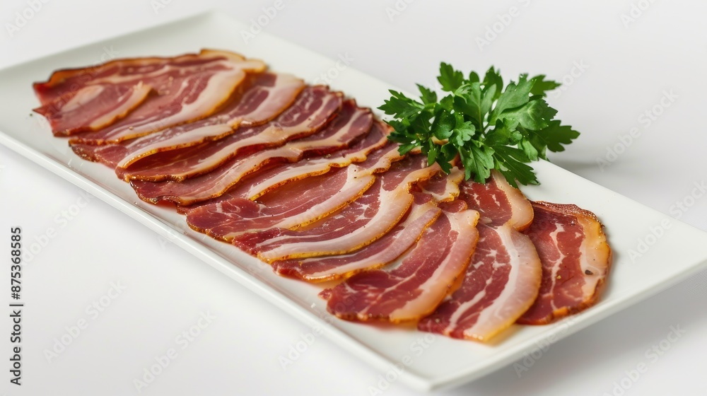 Sliced cured meat served on a white rectangular plate, garnished with fresh parsley for a delicious appetizer or charcuterie board. Sliced cured meat served on a white rectangular plate, garnished with fresh parsley for a delicious appetizer or charcuterie board.