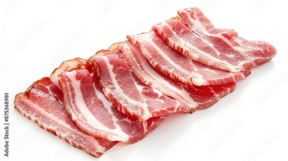 Sliced uncooked bacon strips, rich marbling and pinkish hue, isolated on a white background, ready for cooking and culinary usage. Sliced uncooked bacon strips, rich marbling and pinkish hue, isolated on a white background, ready for cooking and culinary usage.
