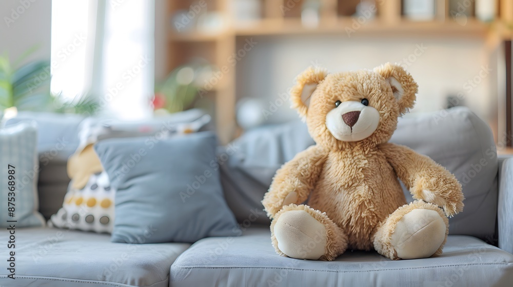 Cute and cuddly teddy bear sitting on a couch in a cozy home Cute and cuddly teddy bear sitting on a couch in a cozy home