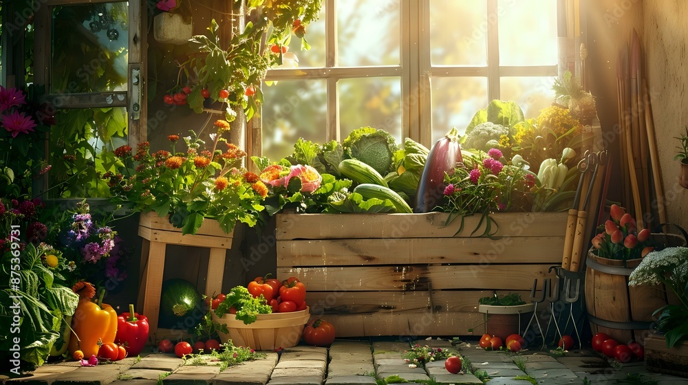 A rustic wooden crate overflowing with colorful vegetables on a sunlit farmhouse porch, surrounded by blooming flowers and garden tools A rustic wooden crate overflowing with colorful vegetables on a sunlit farmhouse porch, surrounded by blooming flowers and garden tools