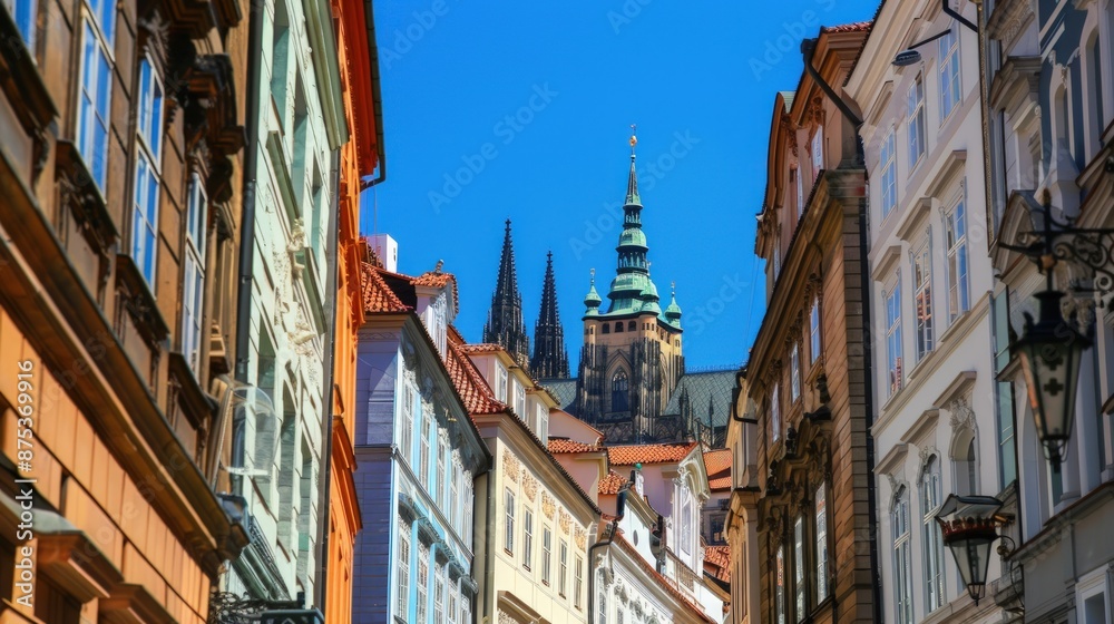 Fototapeta premium A beautiful cityscape with a large cathedral and a small building. Generate AI image