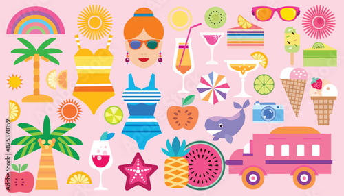 Summer concept design modern abstract background Set icons poster, web-banner, social media Vector cute flat illustration	