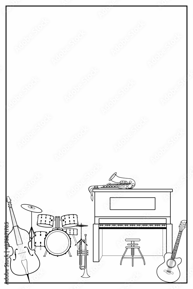 Fototapeta premium Musical instrument illustration. Piano, bass, guitar, sax, trumpet & drums. Use as design element for notices, announcements, posters, flyers, handbills, stationery, websites & more.