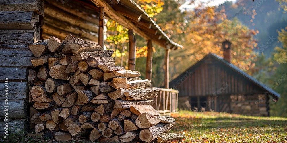 Stack of Wood Logs In Front of a Wooden Cabin Stack of Wood Logs In Front of a Wooden Cabin
