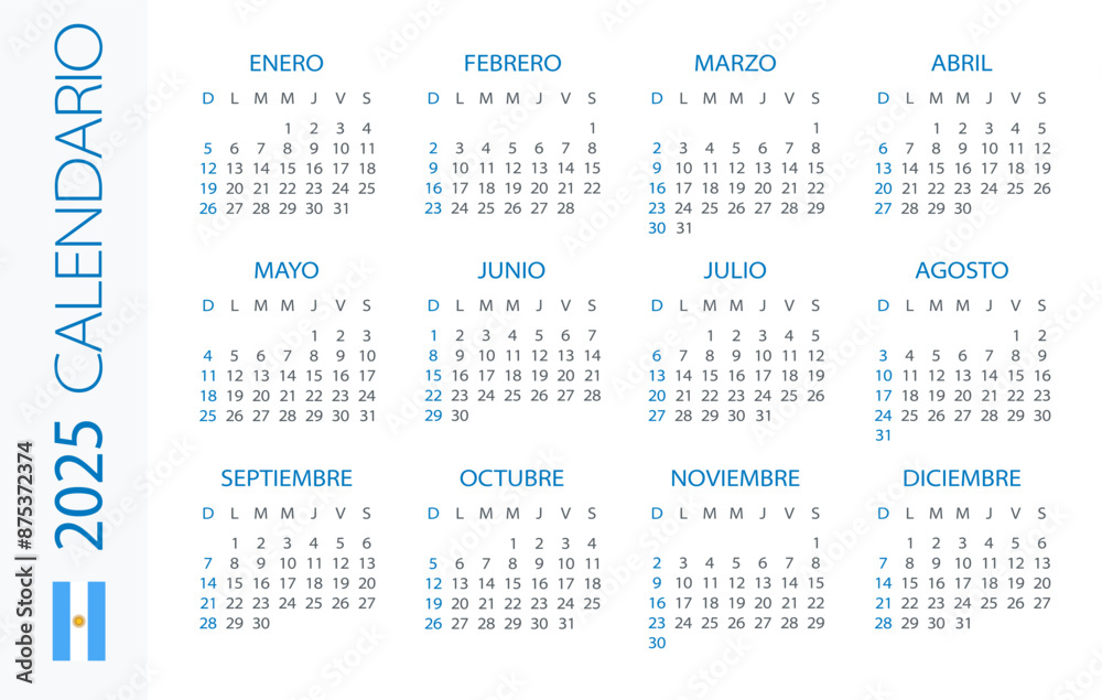Calendar 2025 Horizontal - illustration. Argentinian version Calendar 2025 Horizontal - illustration. Argentinian version