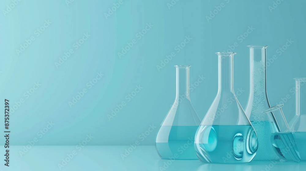 A blue background with a row of glass beakers filled with blue liquid. Generate AI image A blue background with a row of glass beakers filled with blue liquid. Generate AI image