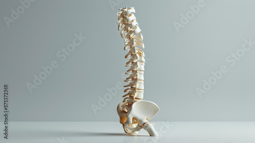 Studio shot of a human spine model standing upright on a neutral background, illustrating anatomy and medical concepts.