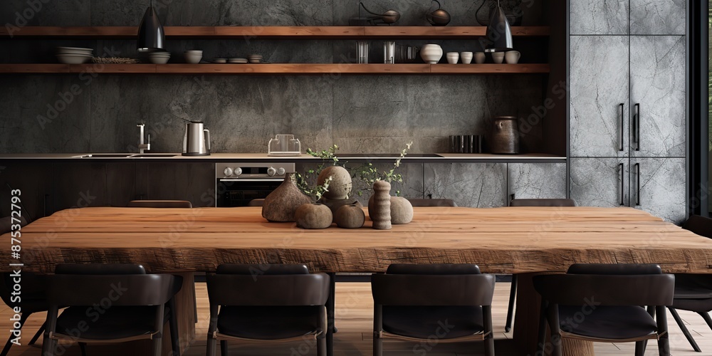 Wabi sabi wooden kitchen room with table and chairs. Ligh indoor decor design scene Wabi sabi wooden kitchen room with table and chairs. Ligh indoor decor design scene