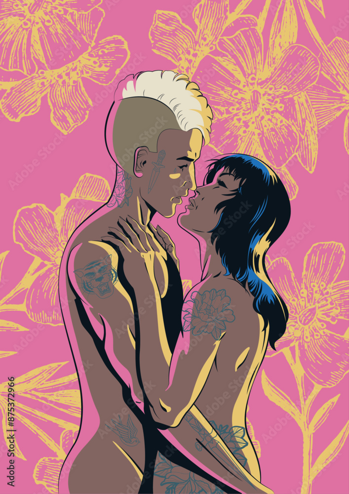 Kissing Couple in Love, Engraving Floral Background. Young Woman and Man, Hugs and Kiss, Tattooed People, Love Poster Template, Erotic Illustration Kissing Couple in Love, Engraving Floral Background. Young Woman and Man, Hugs and Kiss, Tattooed People, Love Poster Template, Erotic Illustration