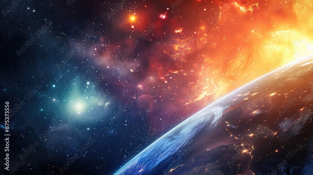 Stunning cosmic scene showing Earth from space with vibrant galaxies and nebulae. Perfect for science fiction and astronomy themes.