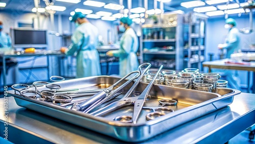 Surgical clamps and medical equipment on surgical traySurgical scissors on medical table intend to blur background inside operating roomMedical tools inside operating theater when surg : Generative AI photo