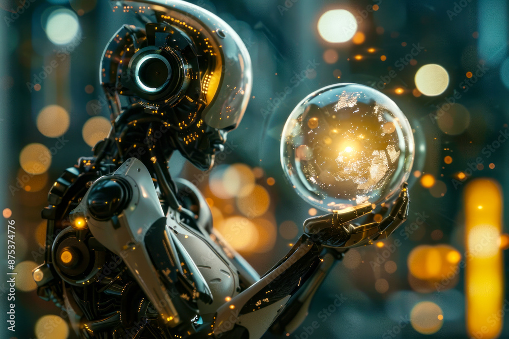 A robot closely examines a glowing sphere, set against a backdrop of blurred lights, symbolizing advanced technology and futuristic innovation.
A robot closely examines a glowing sphere, set against a backdrop of blurred lights, symbolizing advanced technology and futuristic innovation.