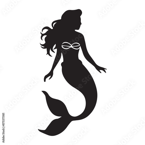 black and white silhouette mermaid full body vector logo with white background, illustration photo