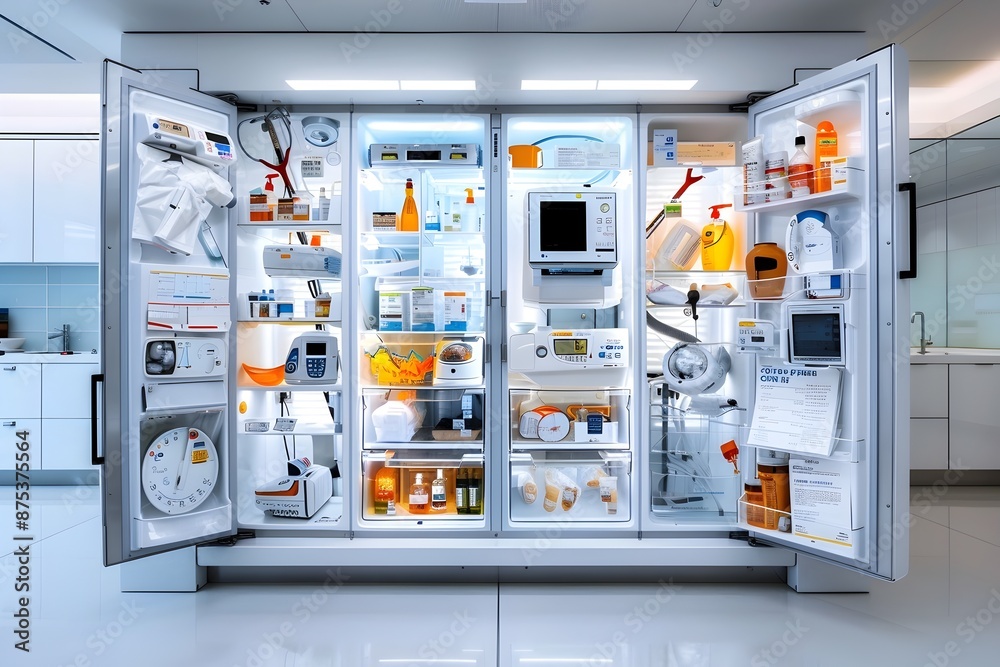Futuristic Refrigerator Designed as a Cutting-Edge Medical Clinic with Integrated Digital Equipment and Organized Storage Futuristic Refrigerator Designed as a Cutting-Edge Medical Clinic with Integrated Digital Equipment and Organized Storage