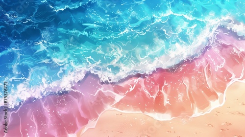 Coastal scene artistic featuring bright ocean waves shoreline anime illustration tide vibrant wide style on beach coastline waterfront nature