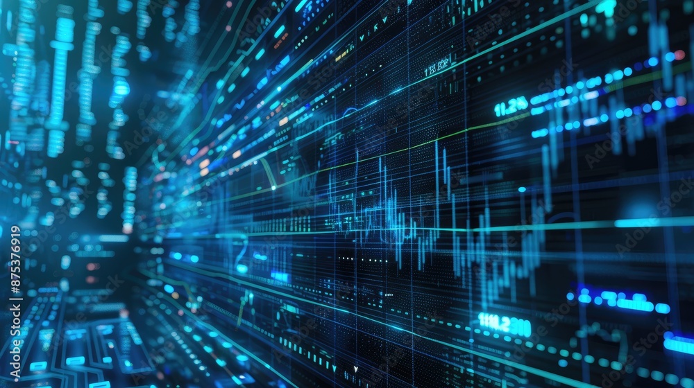 Tech background featuring data visualization, digital graphs, and futuristic interface in blue, representing modern technology and analytics. Tech background featuring data visualization, digital graphs, and futuristic interface in blue, representing modern technology and analytics.
