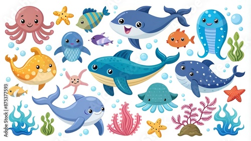 Set of cute marine animals in flat cartoon style. Sea life, ocean design elements for printing, poster, card. Vector illustration