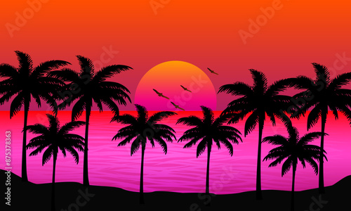 Scenery beach at sunset with sun and palm silhouette