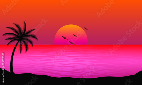 Scenery beach at sunset with sun and palm silhouette