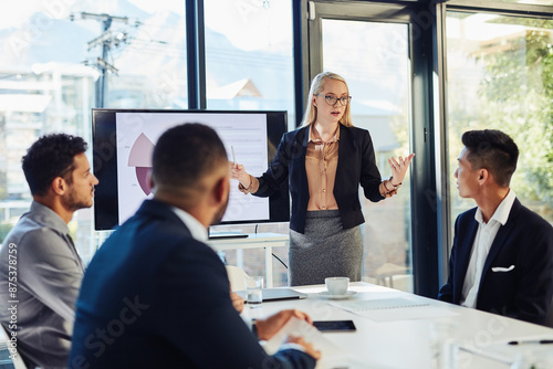 Business, woman and presentation in boardroom with statistics for strategy, planning and pitch. People, employees and smile in office for teamwork or collaboration on report and review with graphs