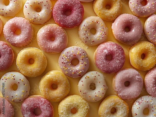 A large collection of mini frosted donuts with sugar and sprinkles