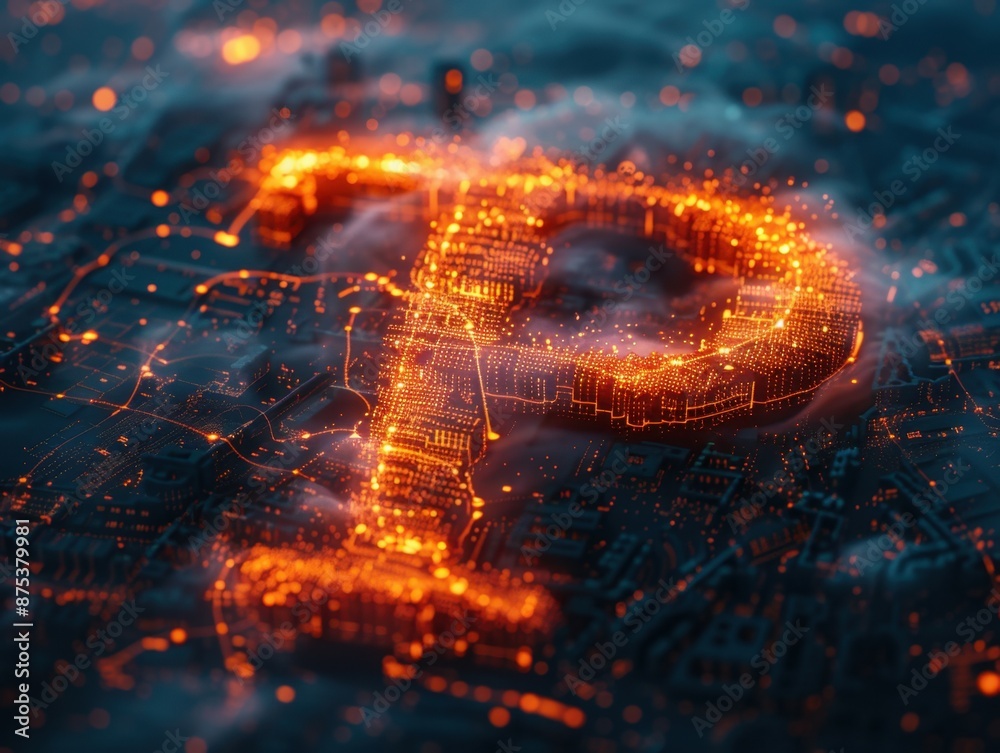 A cityscape map with glowing orange lines forming a digital A cityscape map with glowing orange lines forming a digital
