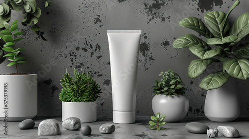 Minimalist Skincare Tube with Greenery in Modern Natural Spa Setting